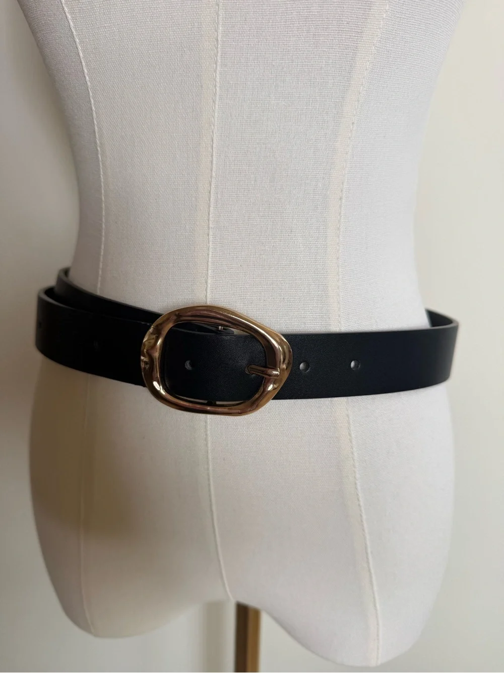 Black Faux Leather Belt with Gold Hammered Oval Buckle M